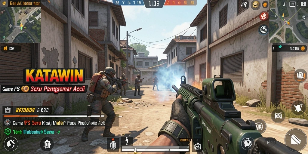 Screenshot gameplay KATAWIN menampilkan aksi seru di medan perang FPS.